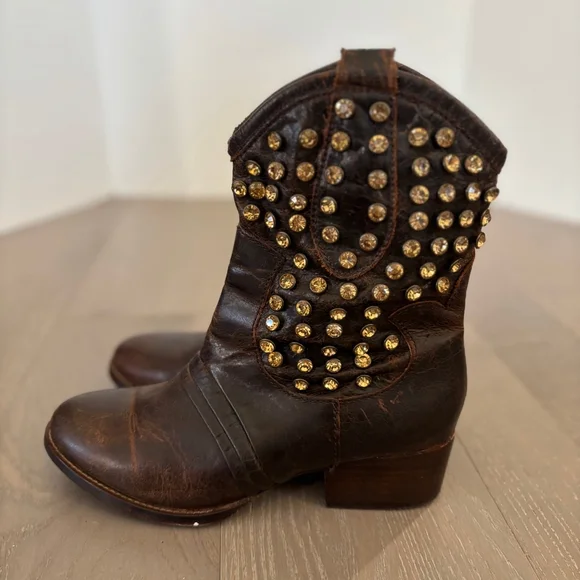 Patron By Perugia Rock Brown Studded Leather Boots Size 8 Western Bling Festival - Picture 3 of 10
